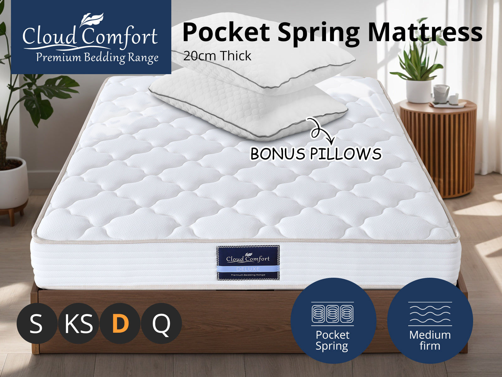 Euro Top Mattress PIL20 with Pillows - Double